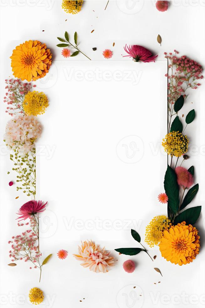 Top view floral background photo with plenty of copy space, perfect for website backgrounds, social media posts, advertising, packaging, etc. Vibrant flowers, lush greenery, shallow depth of field.