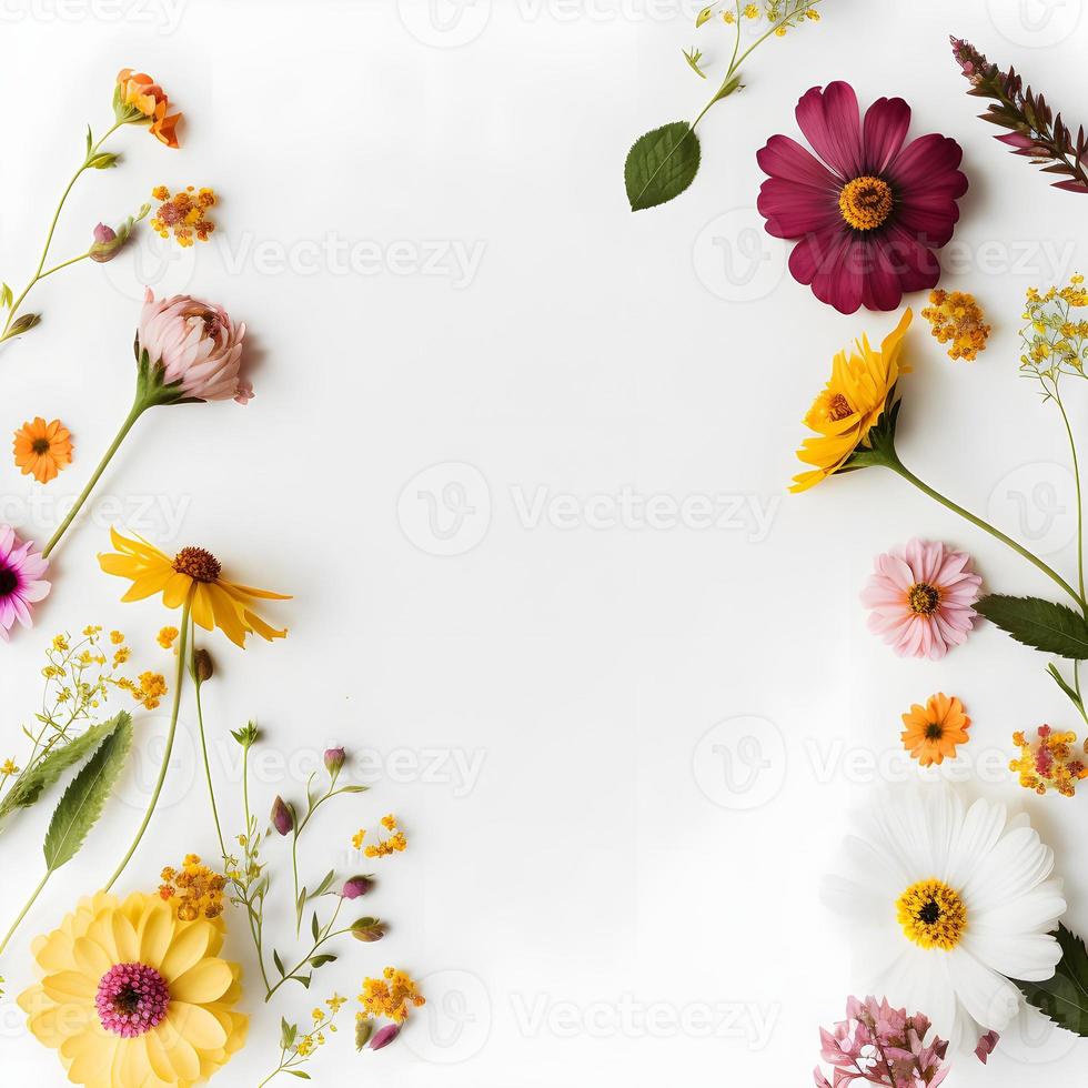 Top view floral background photo with plenty of copy space, perfect for website backgrounds, social media posts, advertising, packaging, etc. Vibrant flowers, lush greenery, shallow depth of field.