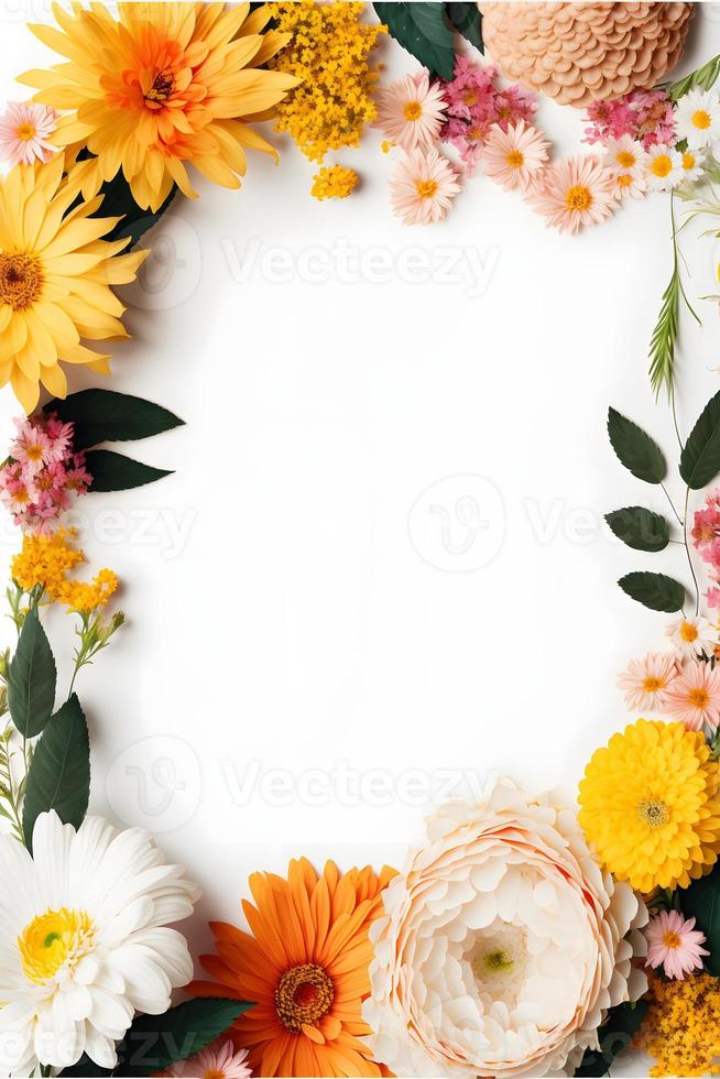 Top view floral background photo with plenty of copy space, perfect for website backgrounds, social media posts, advertising, packaging, etc. Vibrant flowers, lush greenery, shallow depth of field.