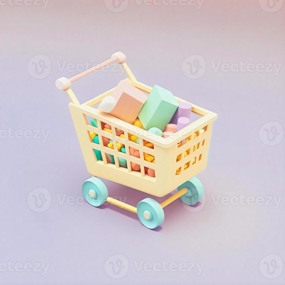 Cute whimsical 3D shopping cart icon character perfect for e-commerce, retail projects, website icons, app buttons, marketing materials. Adorable cartoon-like design, cheerful colors photo