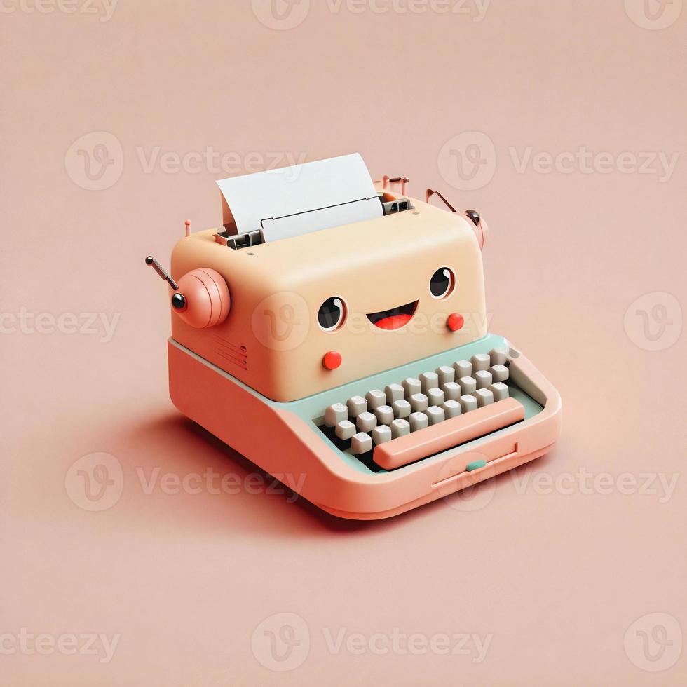 Cute whimsical 3D typewriter icon character perfect for writing, literature projects, website icons, app buttons, marketing materials. Adorable cartoon-like design, cheerful colors, friendly express photo