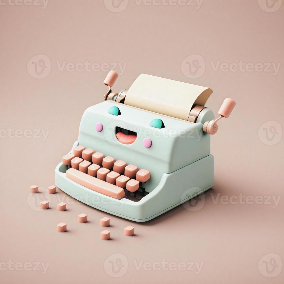 Cute whimsical 3D typewriter icon character perfect for writing, literature projects, website icons, app buttons, marketing materials. Adorable cartoon-like design, cheerful colors, friendly express photo