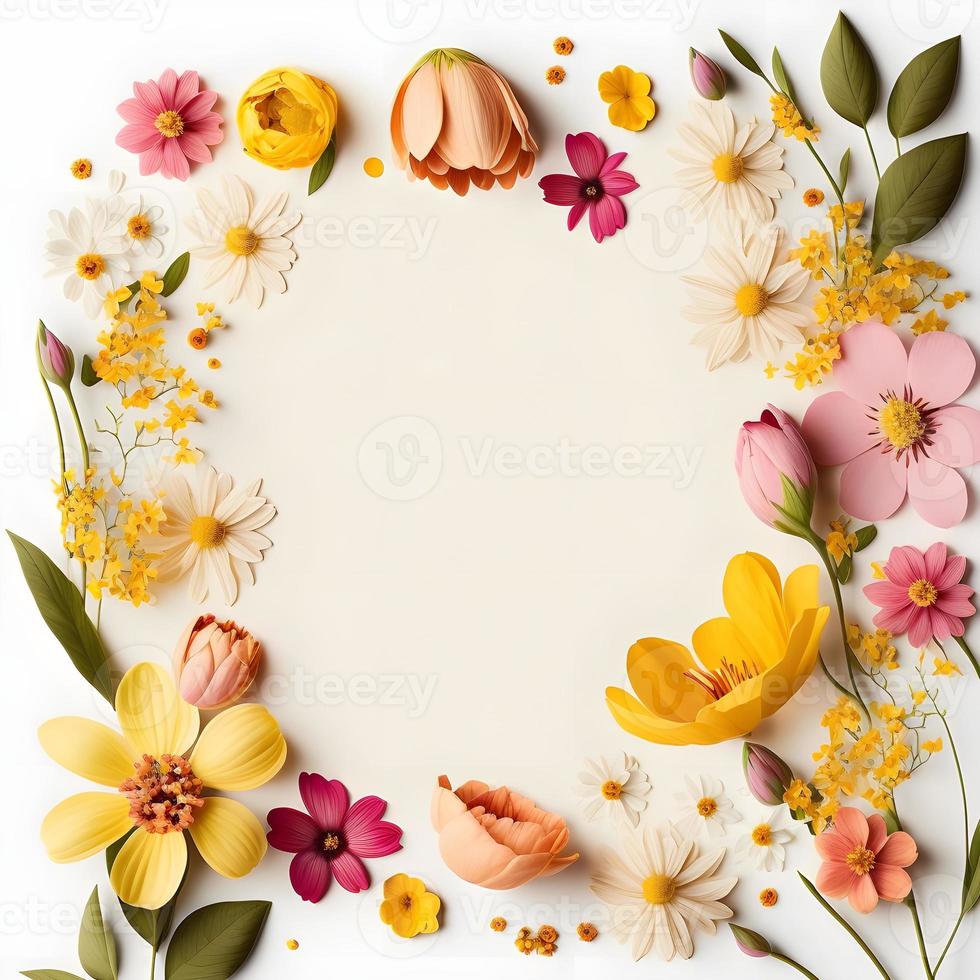 Top view floral background photo with plenty of copy space, perfect for website backgrounds, social media posts, advertising, packaging, etc. Vibrant flowers, lush greenery, shallow depth of field.
