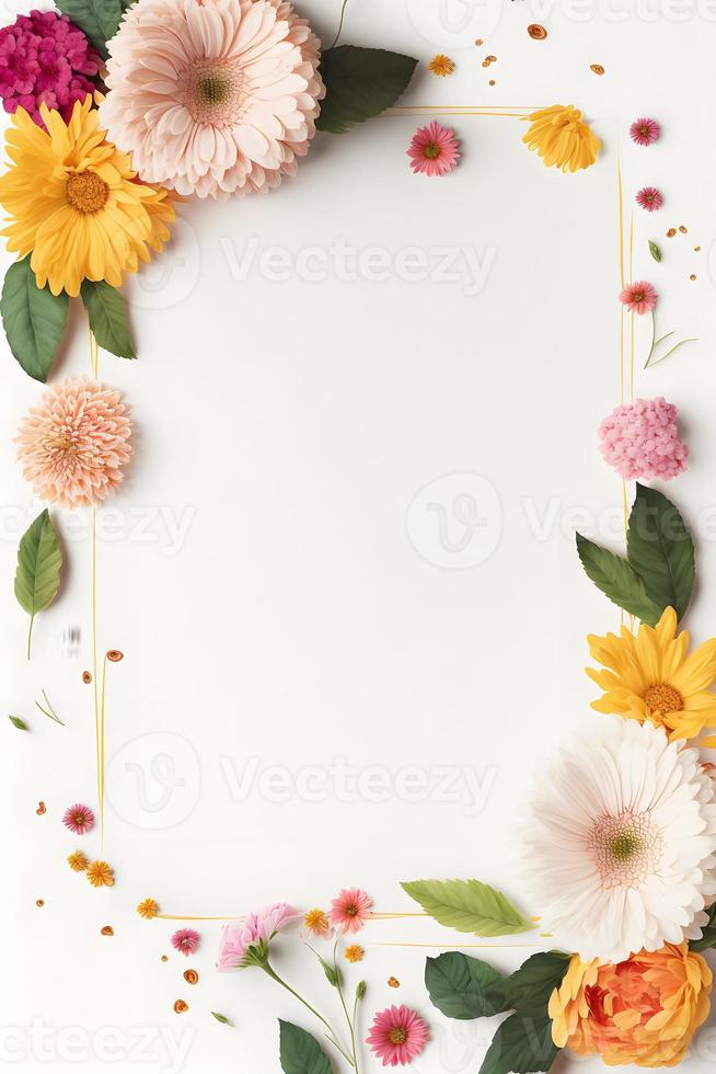 Top view floral background photo with plenty of copy space, perfect for website backgrounds, social media posts, advertising, packaging, etc. Vibrant flowers, lush greenery, shallow depth of field.