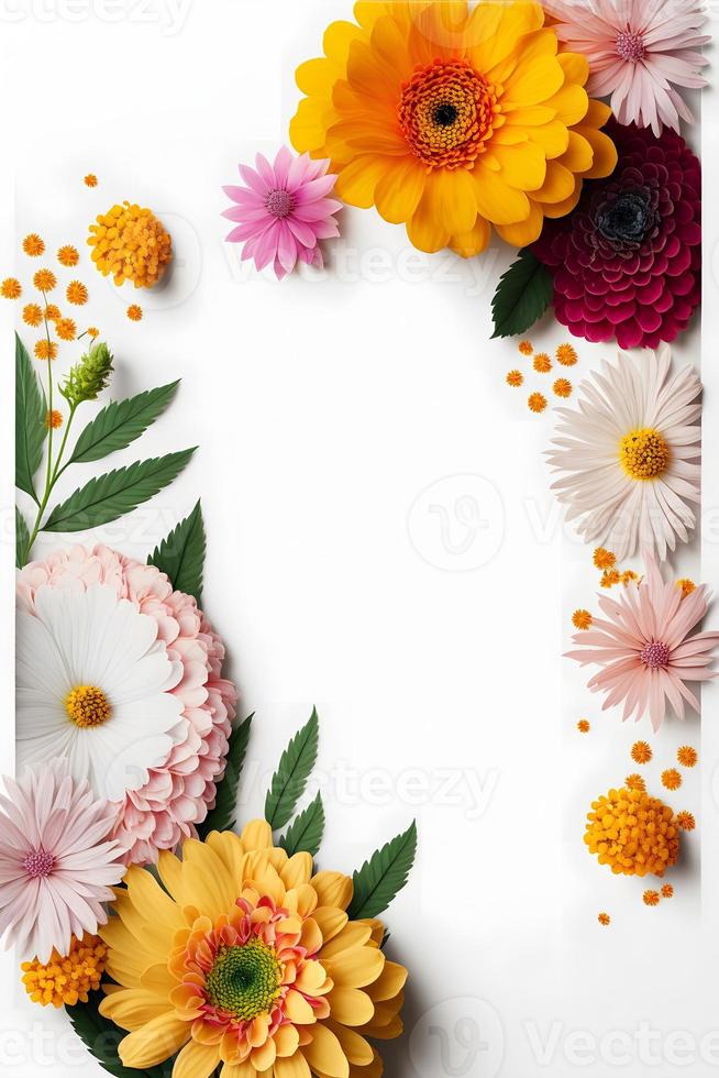 Top view floral background photo with plenty of copy space, perfect for website backgrounds, social media posts, advertising, packaging, etc. Vibrant flowers, lush greenery, shallow depth of field.