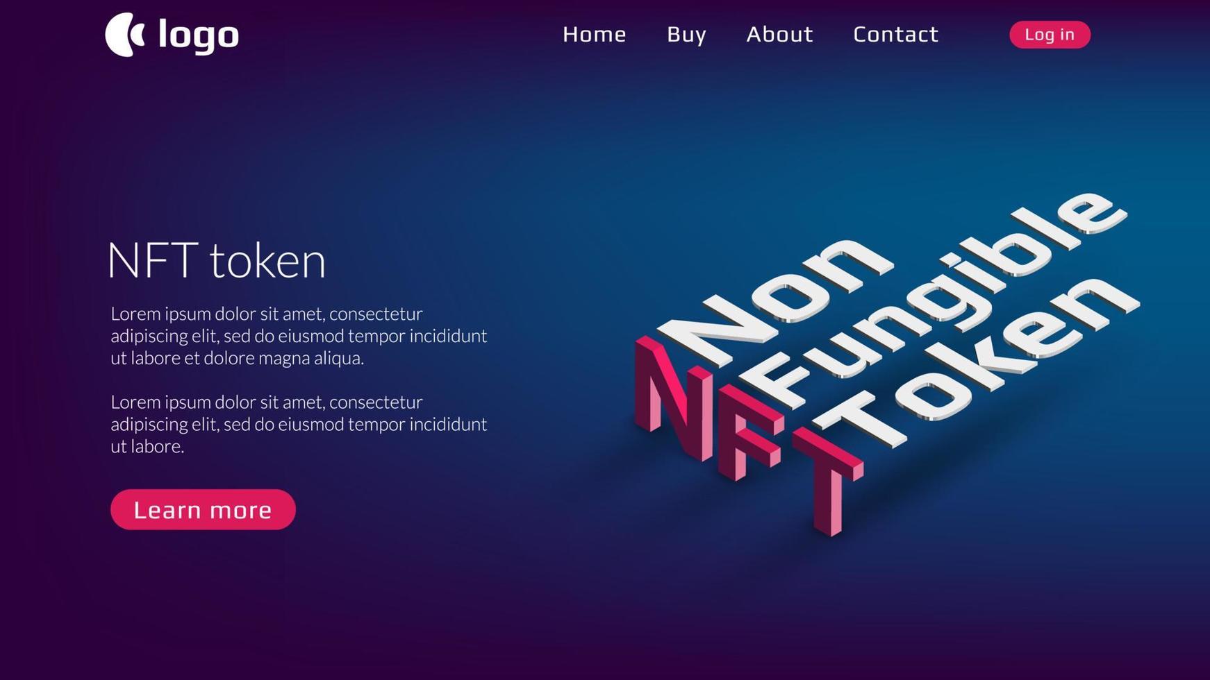 NFT nonfungible token website template with isometric text on blue background. New class of coins. Pay for unique collectibles in games or art. Vector illustration.