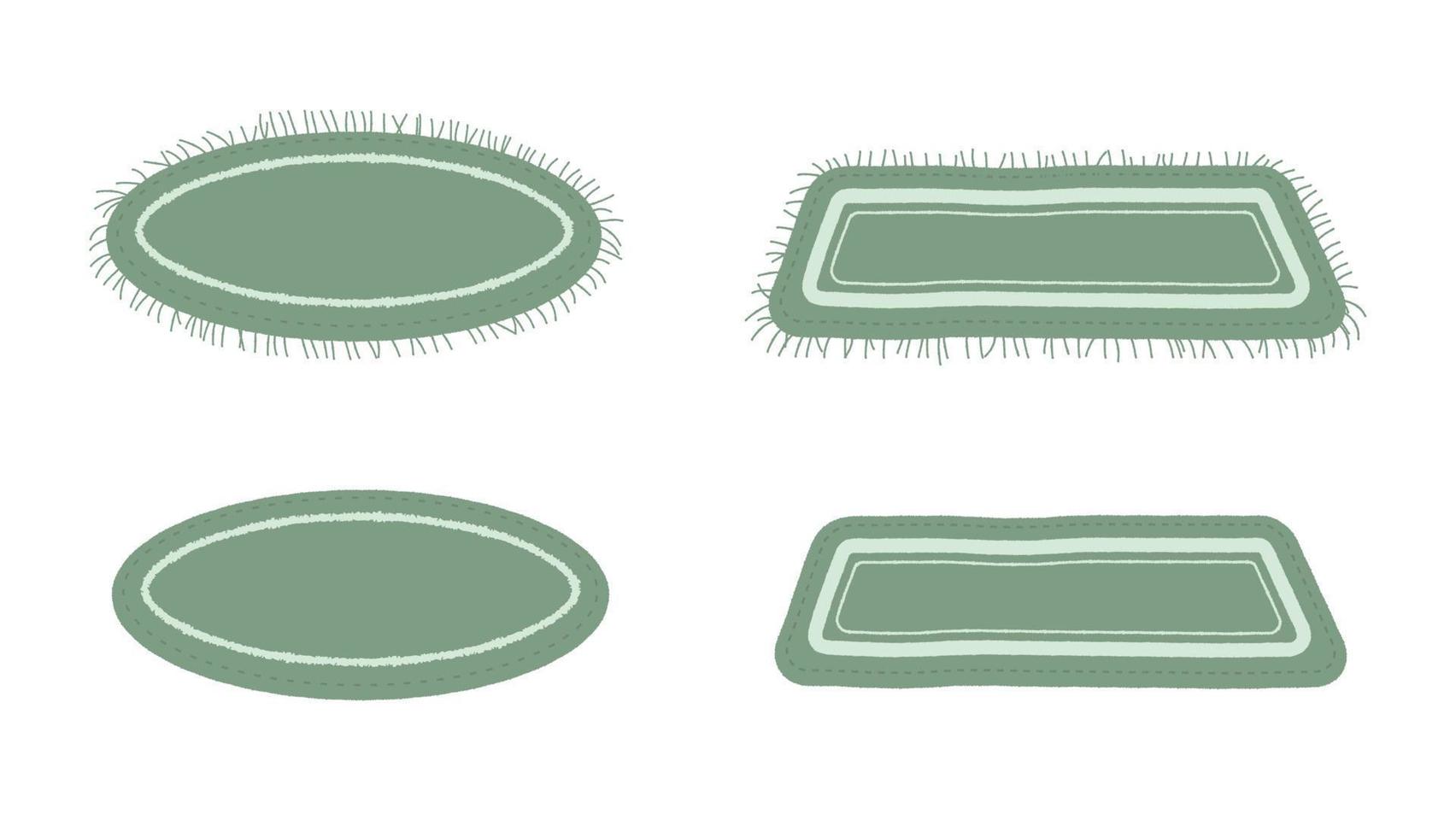 Set of green carpets for decor, bathroom, toilet, beach illustration. Striped, fringed vector