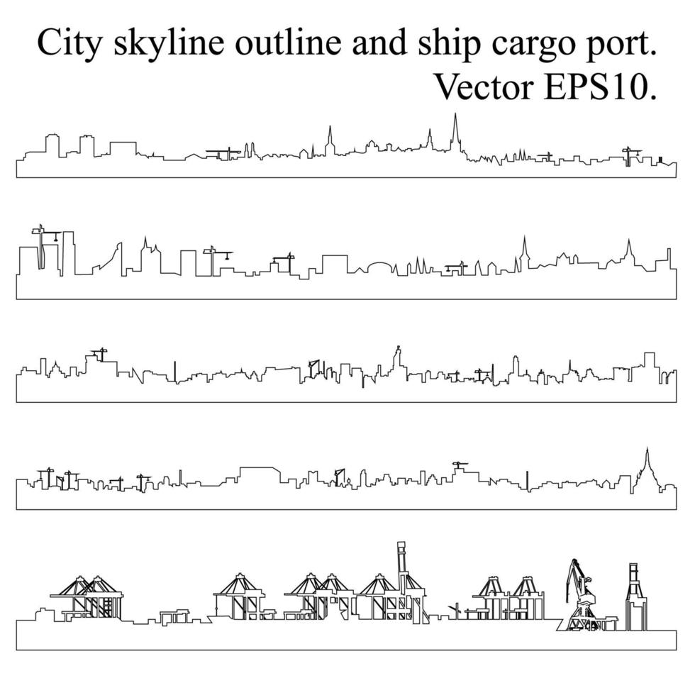 conjunto de contornos del horizonte de la ciudad y puerto en blanco. paisaje urbano moderno y puerto de carga con grúas para pie de página. ilustración vectorial vector