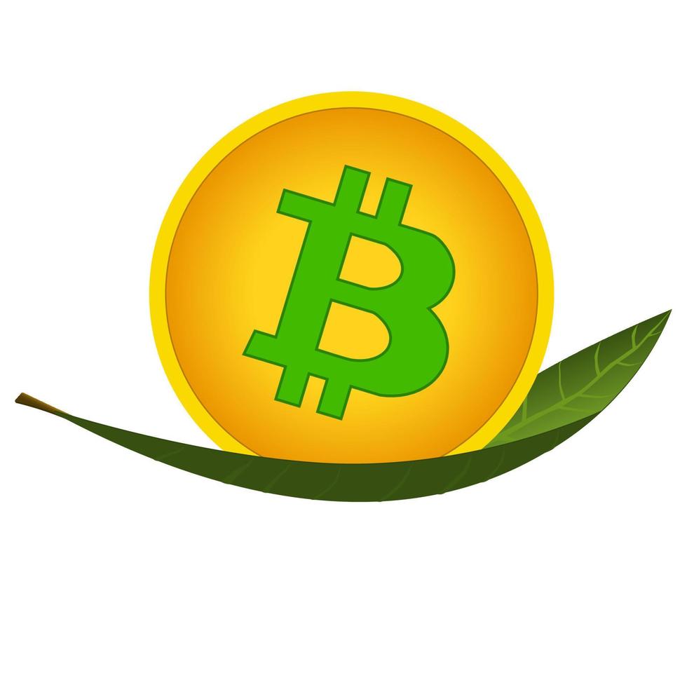 moneda bitcoin en hoja verde aislada en blanco. concepto de minería de criptomonedas utilizando energía renovable verde para proteger el medio ambiente. vector