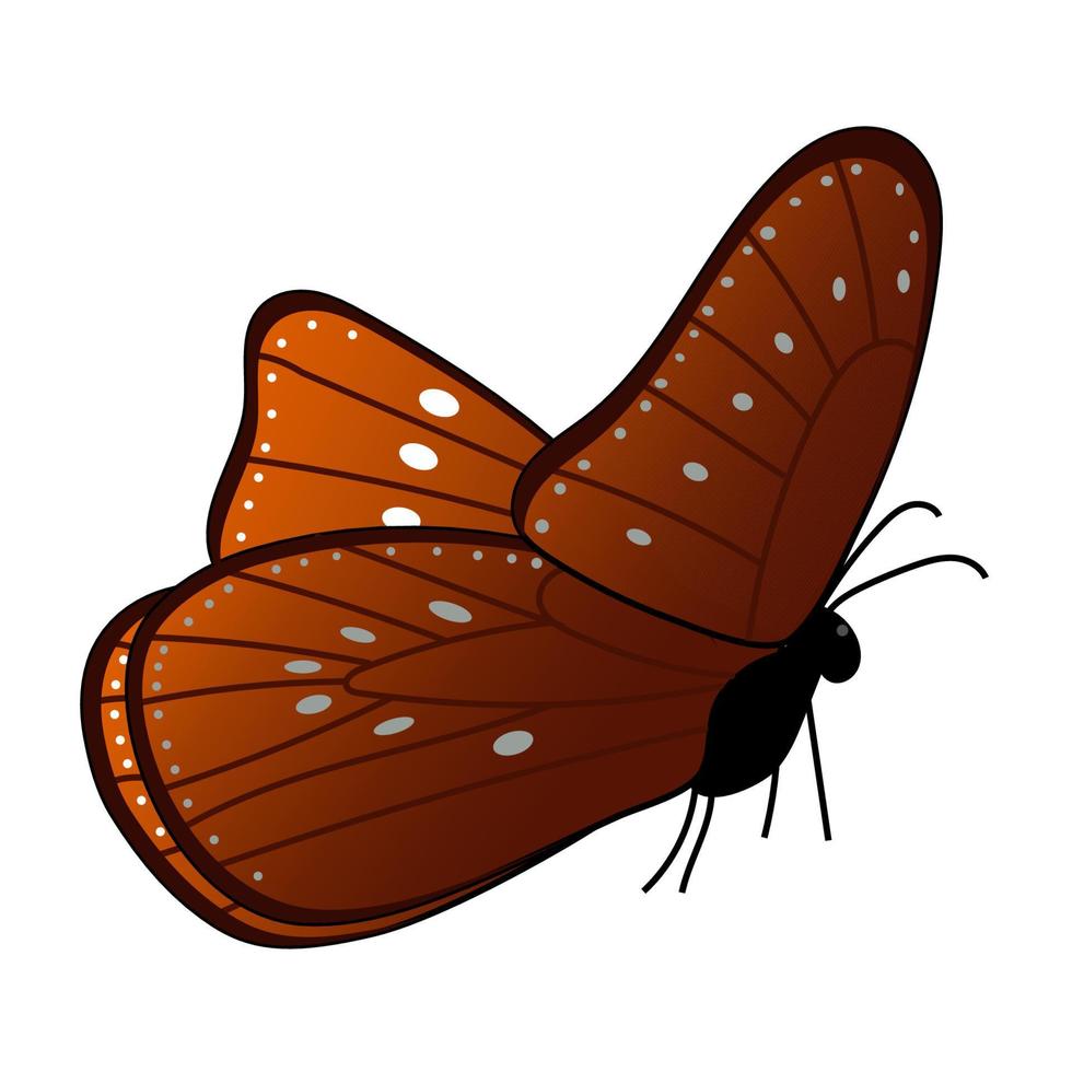 Monarch butterfly isolated on a white background. Side view. Brown wings and white spots on the wings. Vector EPS10.