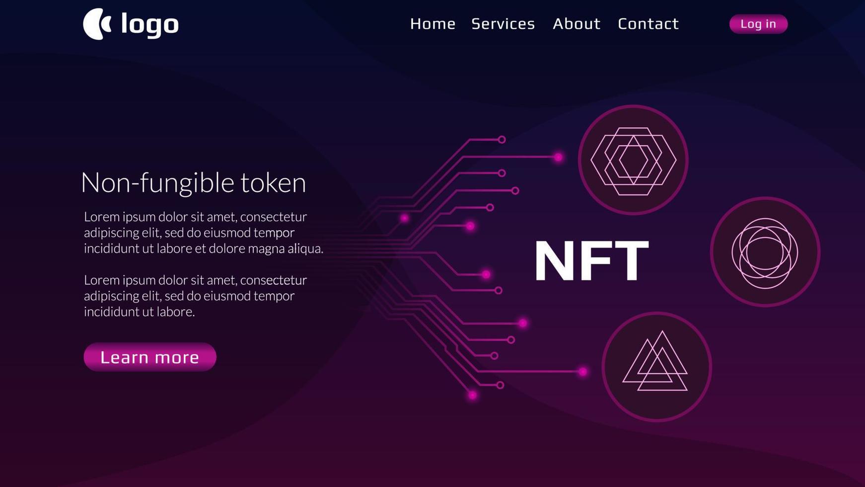 Website header template for NFT nonfungible tokens with pcb tracks and unique coins on dark background. Pay for unique collectibles in games or art. Vector illustration.