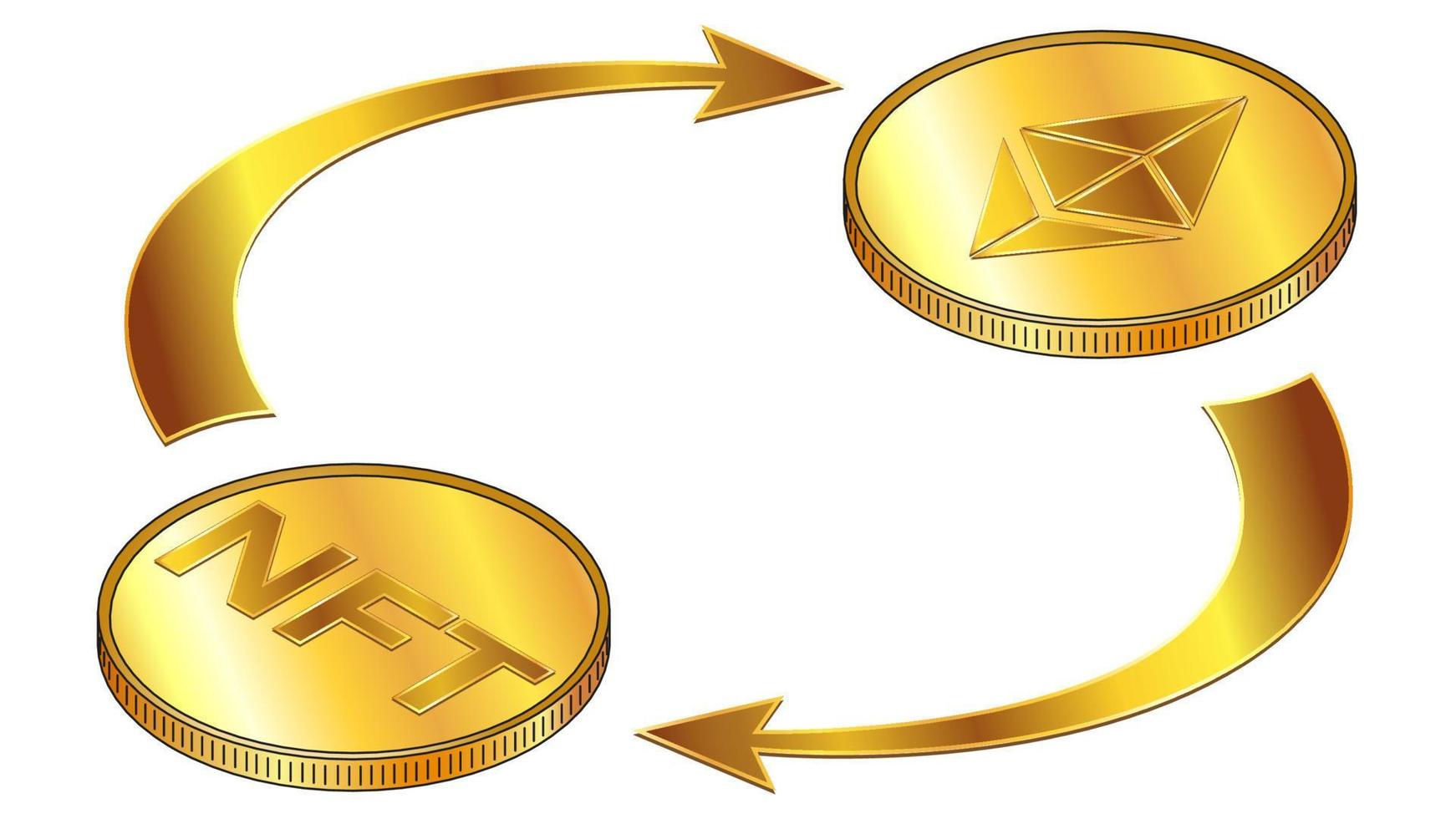 NFT and Ethereum ETH circulation isometric concept with gold coins and cyclical arrows isolated on white. Rotation of non fungible tokens and digital money. Vector design element.