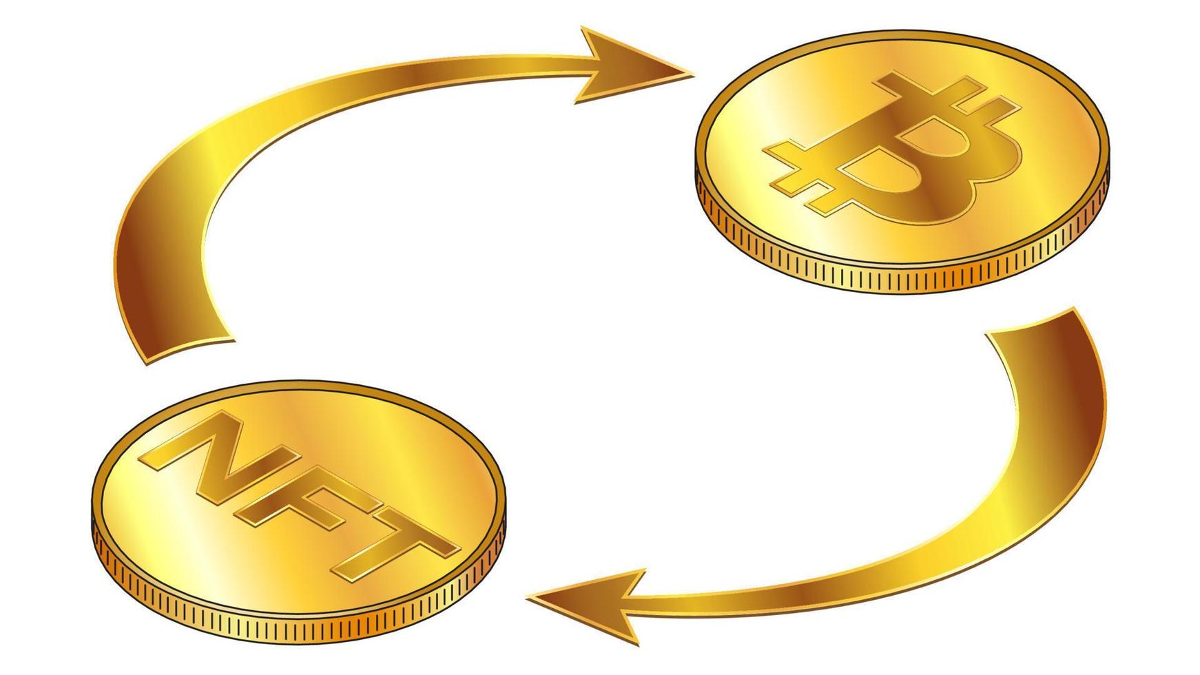 NFT and Bitcoin circulation isometric concept with gold coins and cyclical arrows isolated on white. Vector design element.