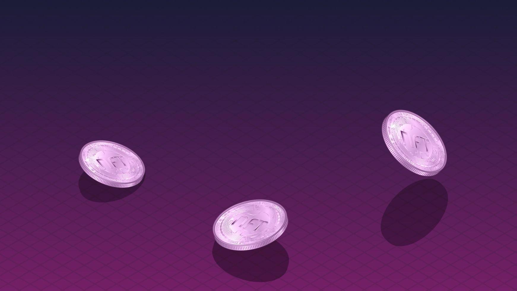 Banner de tokens no fungibles nft con monedas isométricas que caen y espacio de copia en rojo oscuro. paga por coleccionables únicos en juegos o arte. ilustración vectorial vector