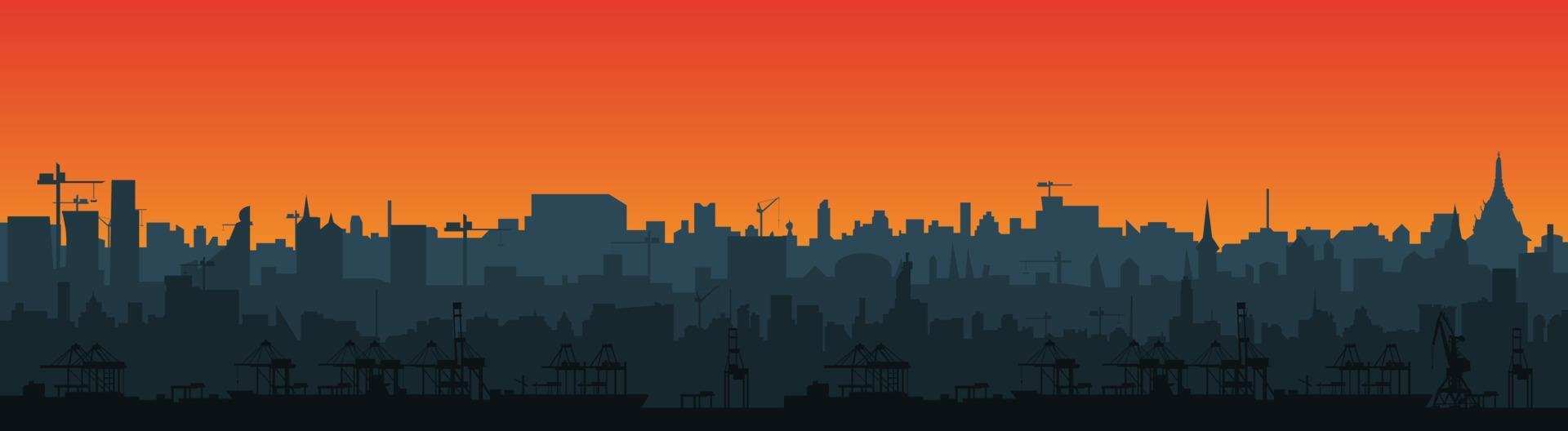 Long city skyline silhouette in a flat style for the footer. Modern cityscape and cargo port with cranes. Layers for parallax.  Vector EPS10.