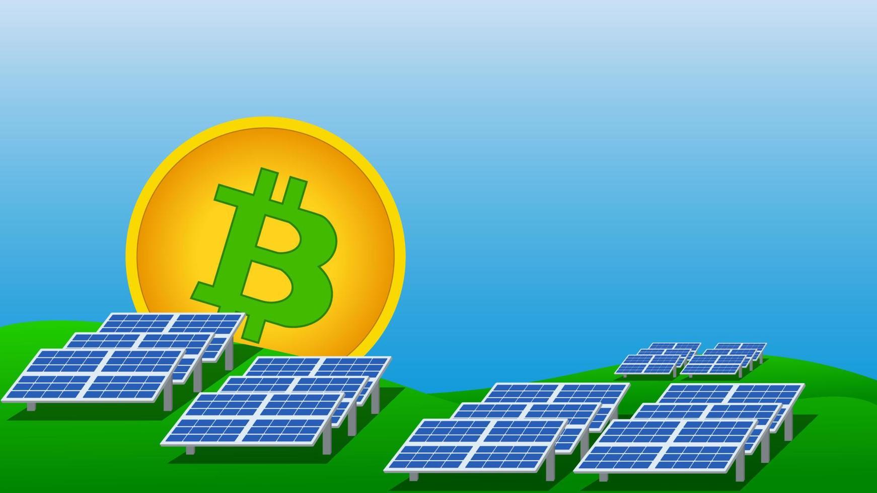 Bitcoin mining concept using solar panels to protect environment. Vector illustration.