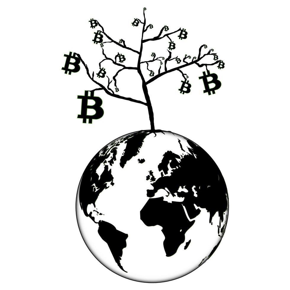 concepto de crecimiento de bitcoin en el mundo con el planeta tierra y el árbol con bitcoins aislado en blanco. silueta en blanco y negro. ilustración vectorial vector