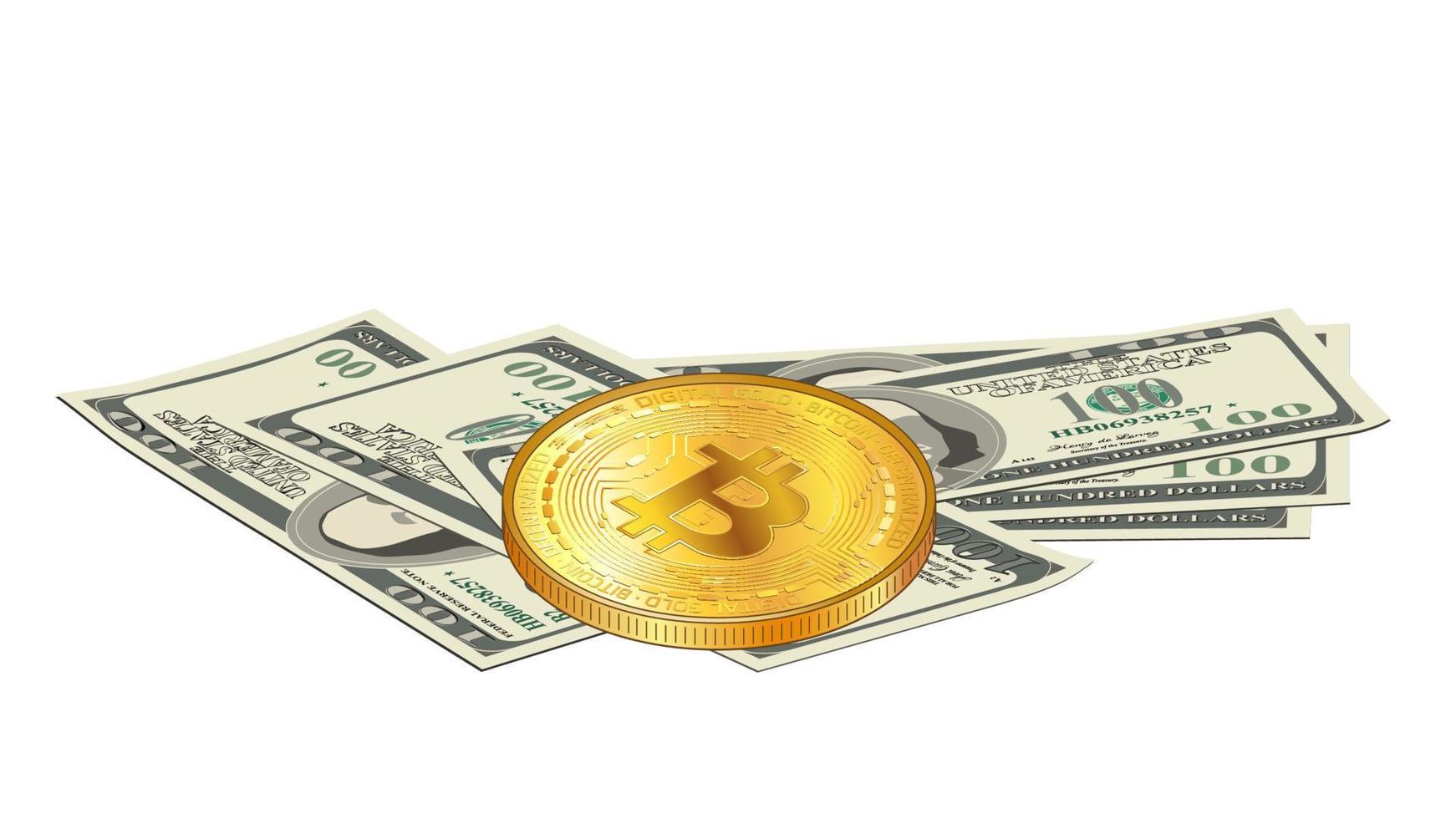 Scattered paper 100 us dollars banknotes and digital gold Bitcoin over cash money isolated on white. Pile of money and Bitcoin coin in realistic style. Vector EPS10.