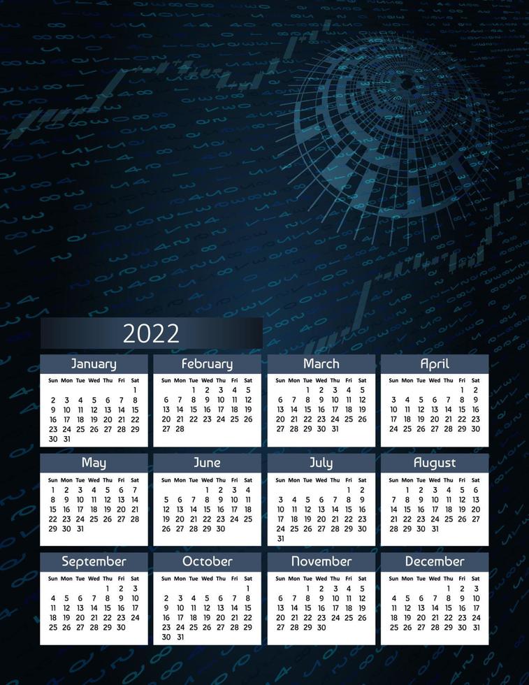 calendario anual futurista vertical 2022, la semana comienza el domingo. calendario de pared grande anual ilustración moderna digital colorida en azul. tamaño de papel carta a4 us. vector