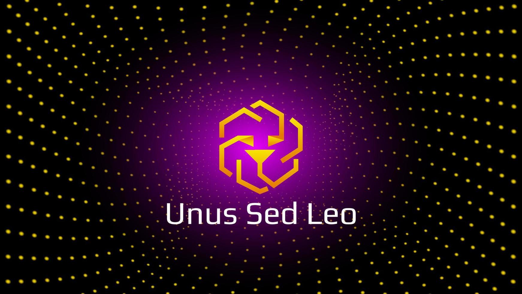 Unus Sed Leo token symbol cryptocurrency in center of spiral of glowing dots on dark background. Cryptocurrency coin logo icon for banner or news. Vector illustration.