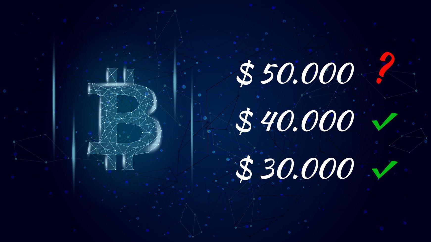 Can Bitcoin BTC hit 50000 dollars polygonal cryptocurrency token symbol and question mark next to the price, coin icon on dark background. Vector illustration for news.