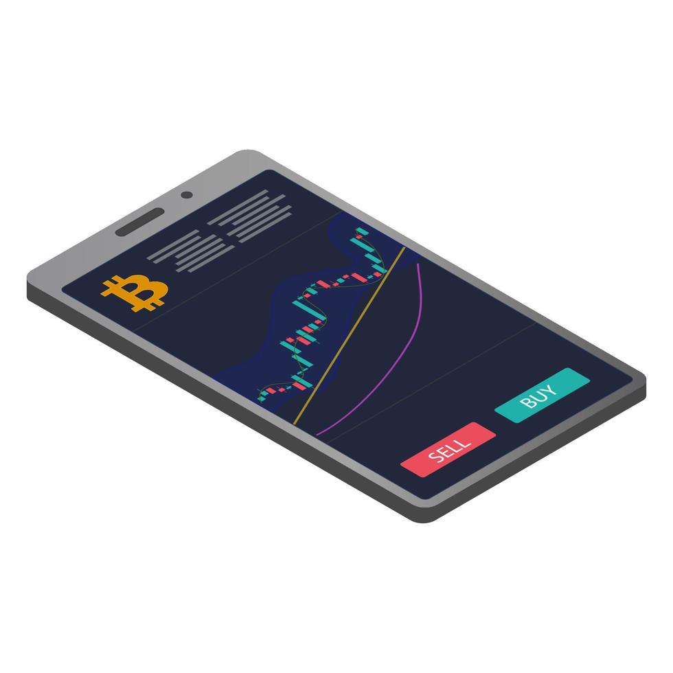 Isometric smartphone with bitcoin chart and buy and sell buttons isolated on white. Japanese candles on the chart. For websites or applications on the phone. Vector EPS 10.