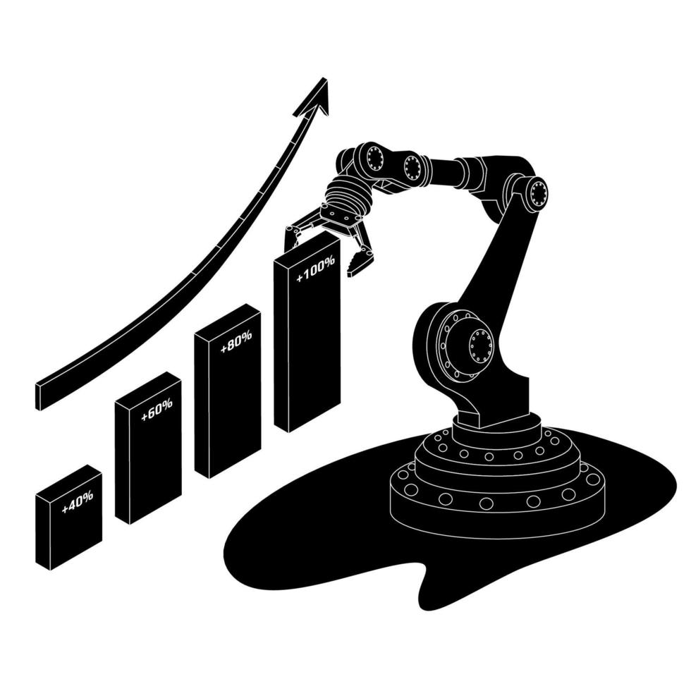 concepto isométrico de robot comercial automático de silueta con gráfico y flecha hacia arriba aislado en blanco. ilustración vectorial vector