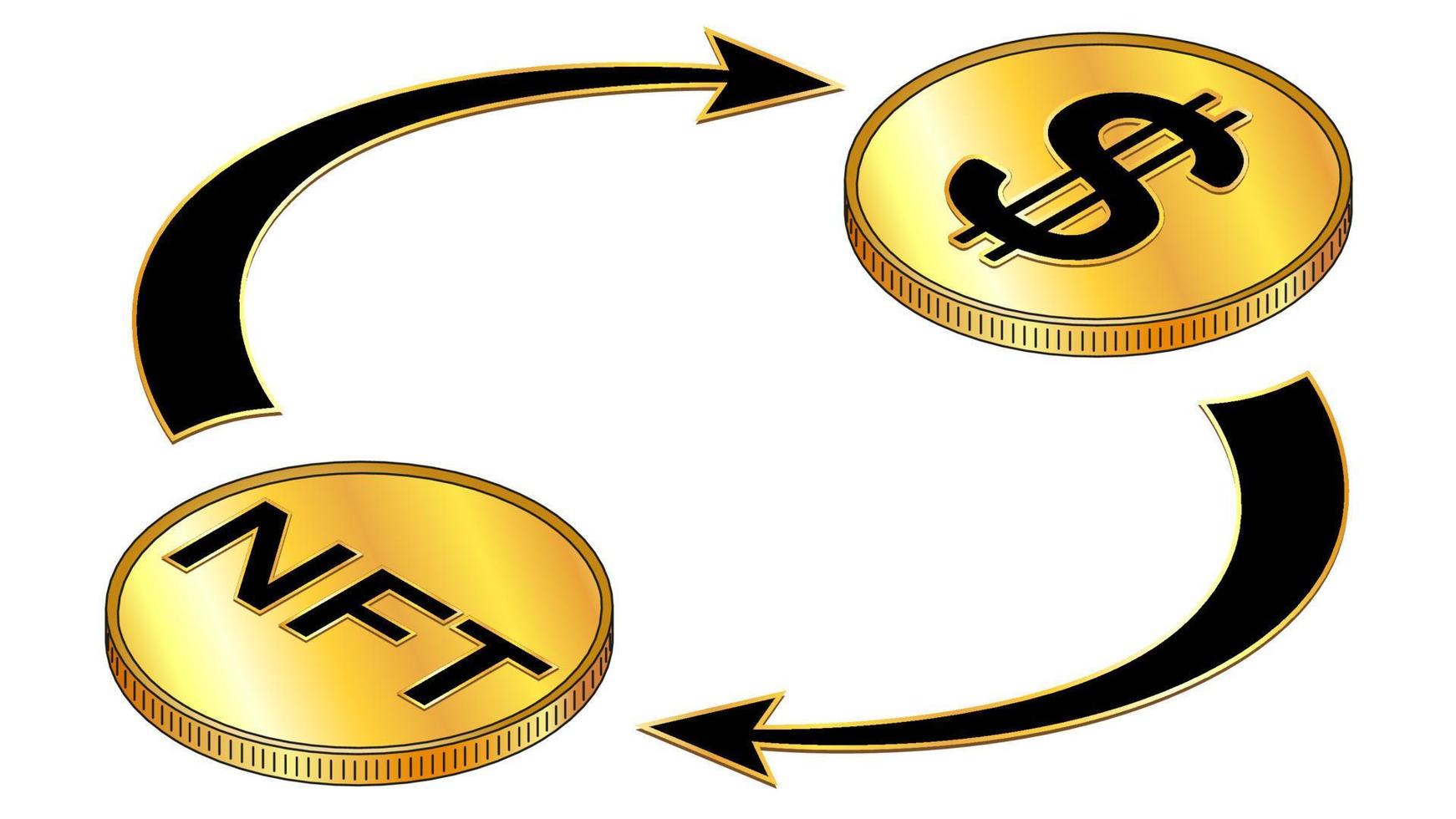 concepto isométrico de circulación nft y dólar usd con símbolos negros en monedas de oro y flechas cíclicas aisladas en blanco. rotación de tokens y dinero no fungibles. elemento de diseño vectorial. vector