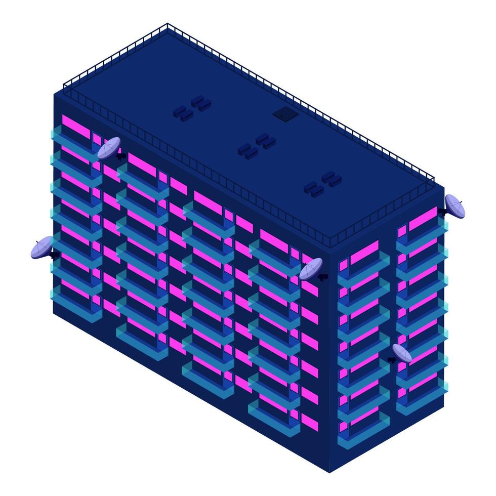 Isometric residential building with balconies and satellite dishes isolated on white. Modern palette. Vector EPS10.