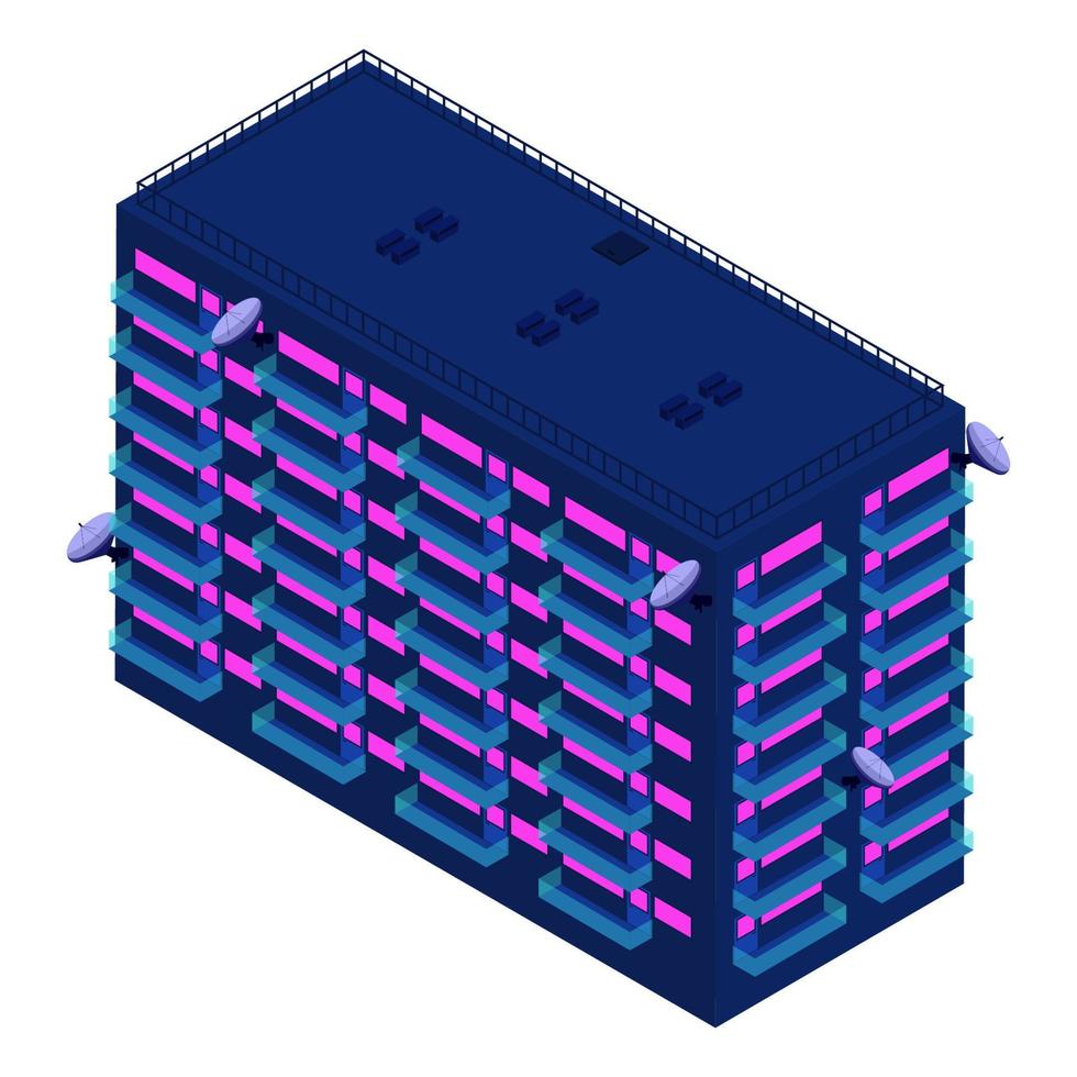 Isometric residential building with balconies and satellite dishes isolated on white. Modern palette. Vector EPS10.