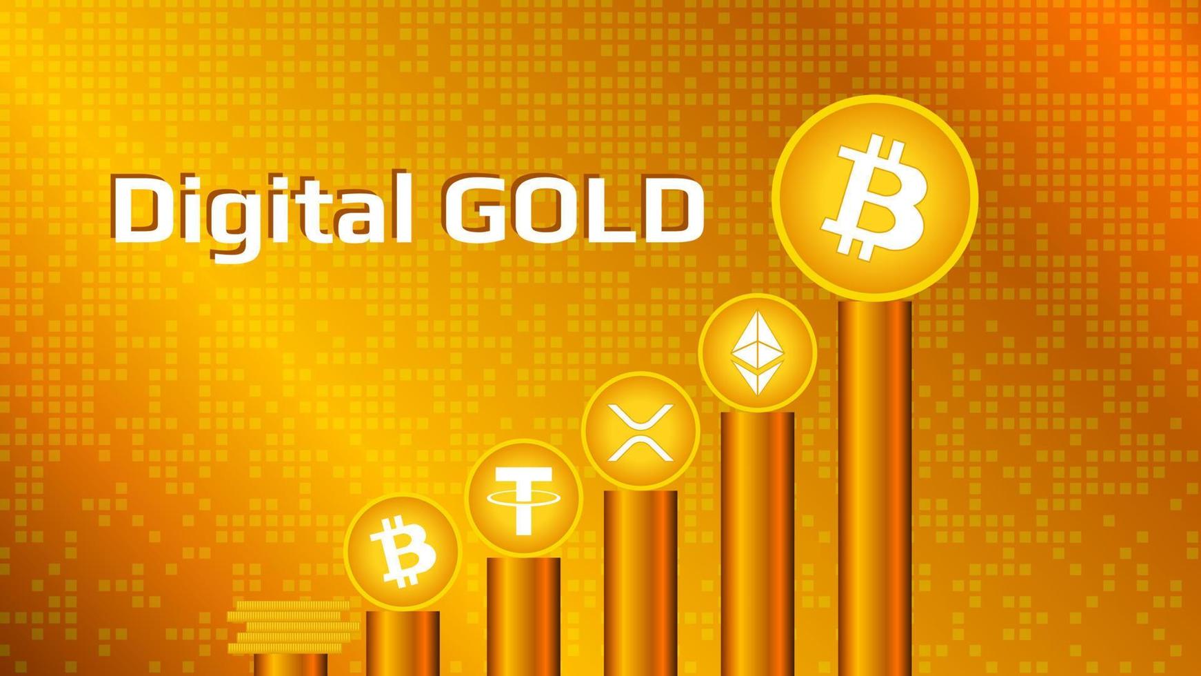 Cryptocurrency coins on pedestals of gold on a gold background. Digital gold bitcoin and altcoins are ranked by volume. Vector EPS10.