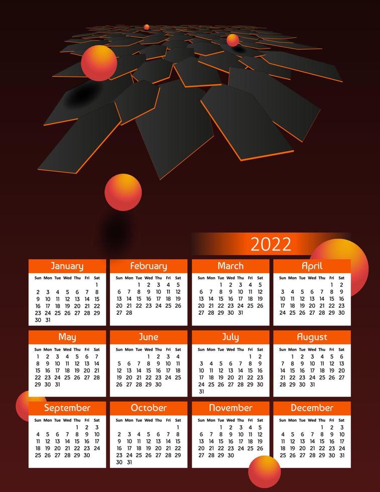 calendario anual futurista vertical 2022, la semana comienza el domingo. calendario anual de pared grande colorida ilustración poligonal moderna en naranja. tamaño de papel carta a4 us. vector