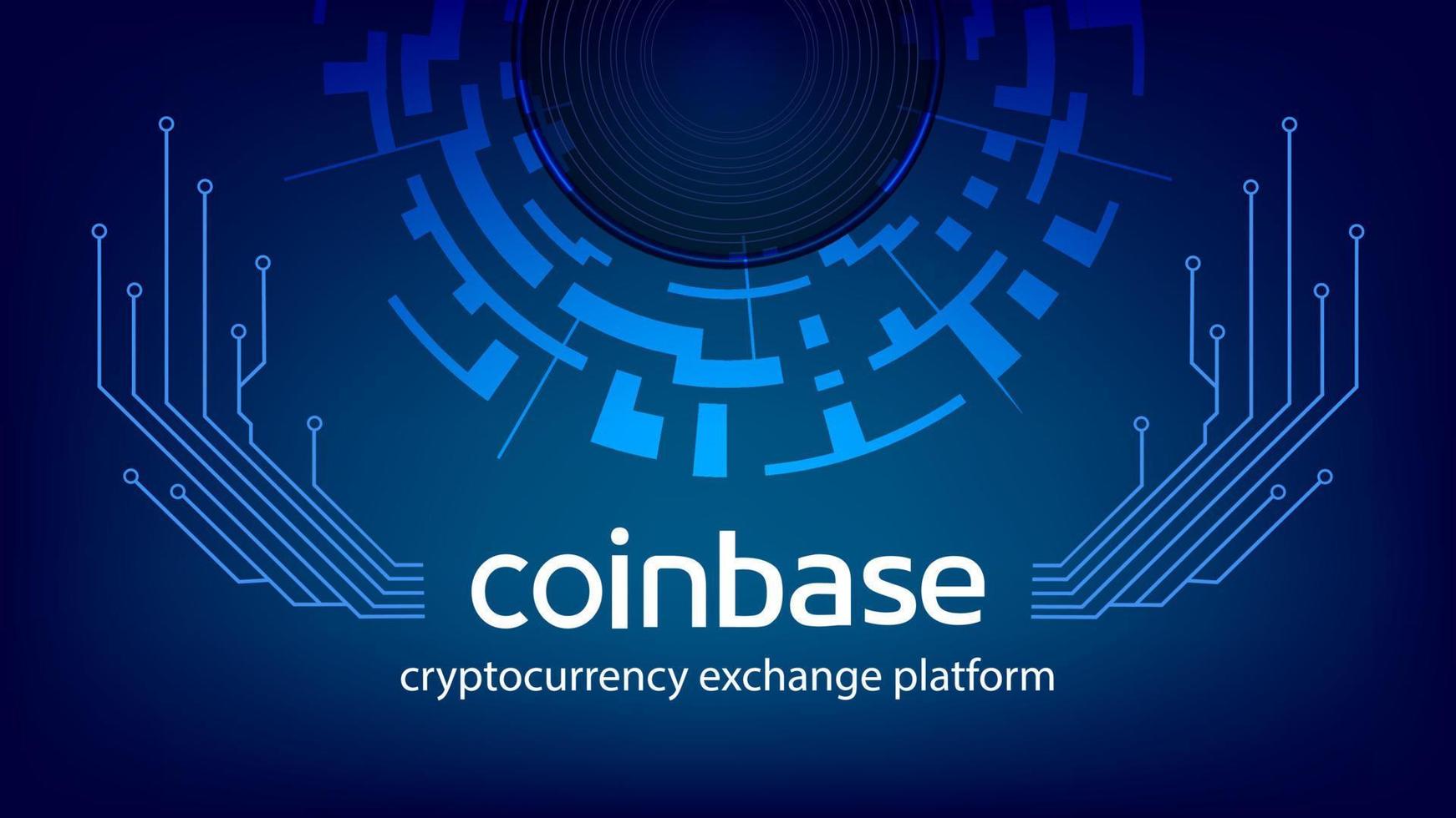 Coinbase cryptocurrency exchange platform name with digital circle and PCB tracks on dark blue background. Crypto stock market banner for news and media. Vector illustration.