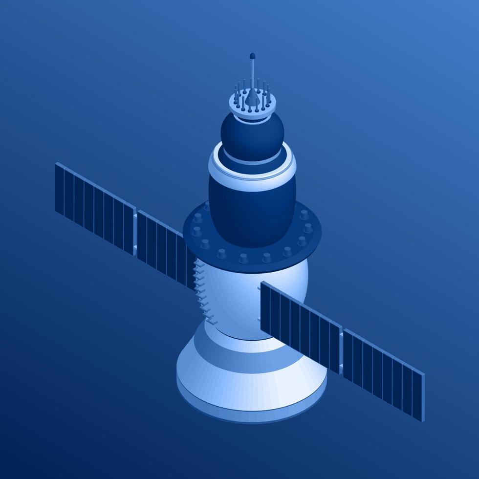 Isometric space satellite in blue tint. 3d model of spacecraft. Vector illustration.