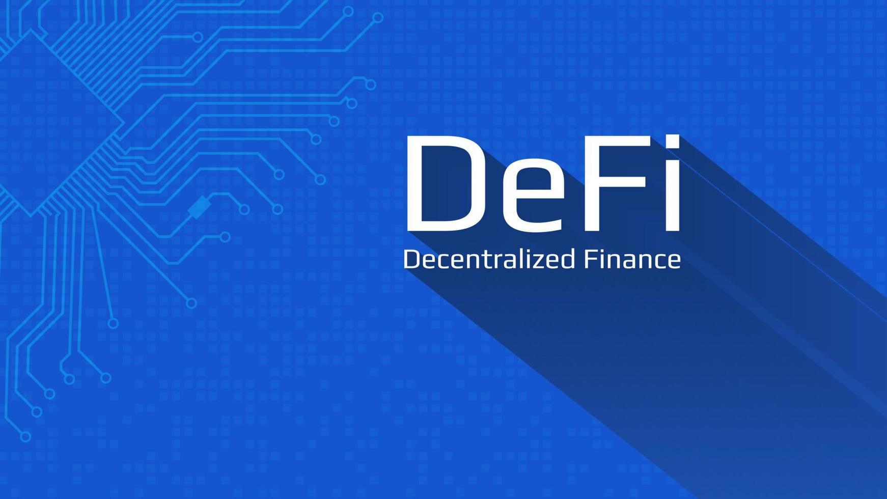 Defi - decentralized finance. An ecosystem of financial applications and services based on public blockchains. White lettering on a blue background with a printed circuit board. Vector EPS 10.