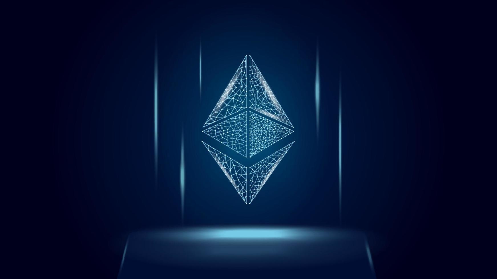 Ethereum ETH cryptocurrency token symbol, coin icon on dark polygonal wireframe background. Digital gold for website or banner. Vector EPS10.