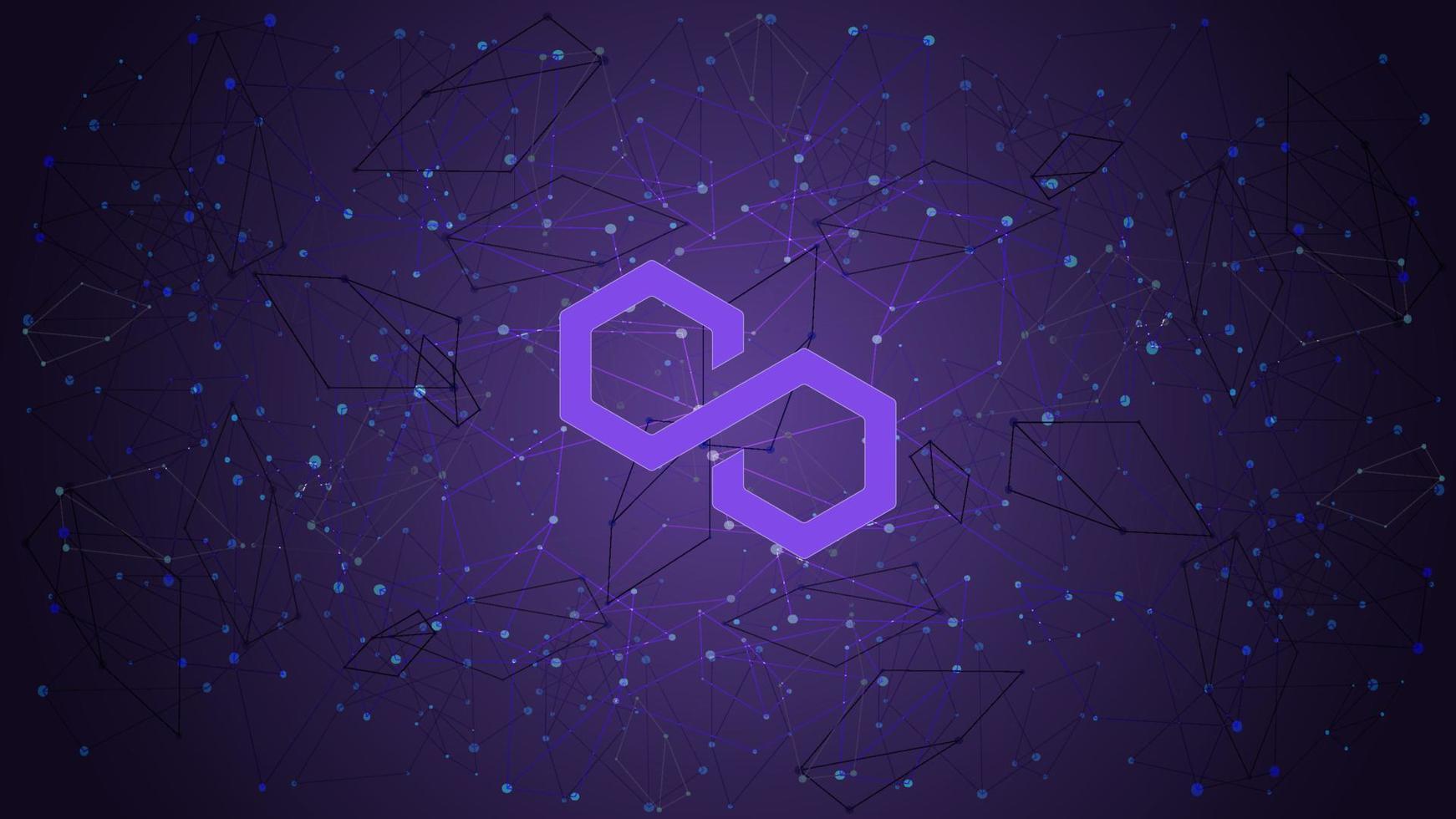 Polygon MATIC token symbol cryptocurrency theme on purple polygonal background. Cryptocurrency coin logo icon. Vector illustration.