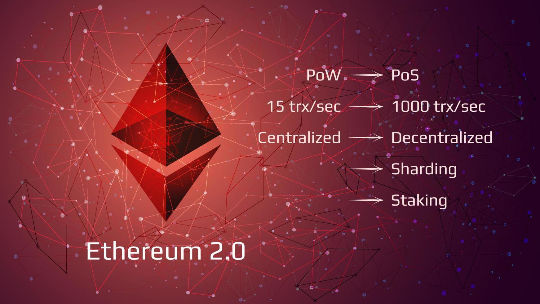Ethereum 2.0 restart - cryptocurrency coin symbol on abstract polygonal red background. New direction after hard fork. Proof-of-Stake PoS consensus, sharding, staking. Vector EPS10.