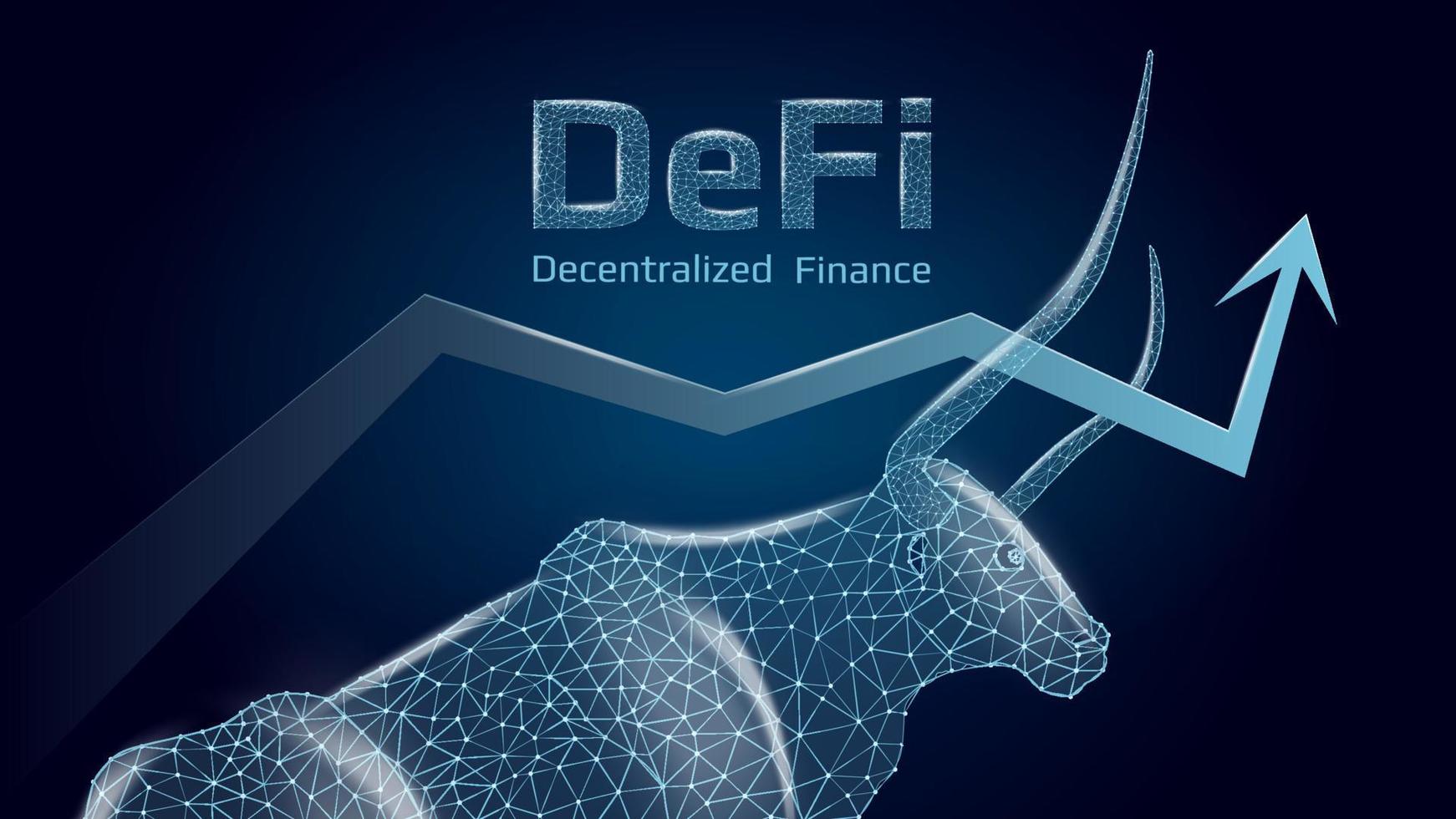 Defi decentralized finance bullish trend with a polygonal bull and an upward arrow on dark blue background. Modern neon vector illustration.