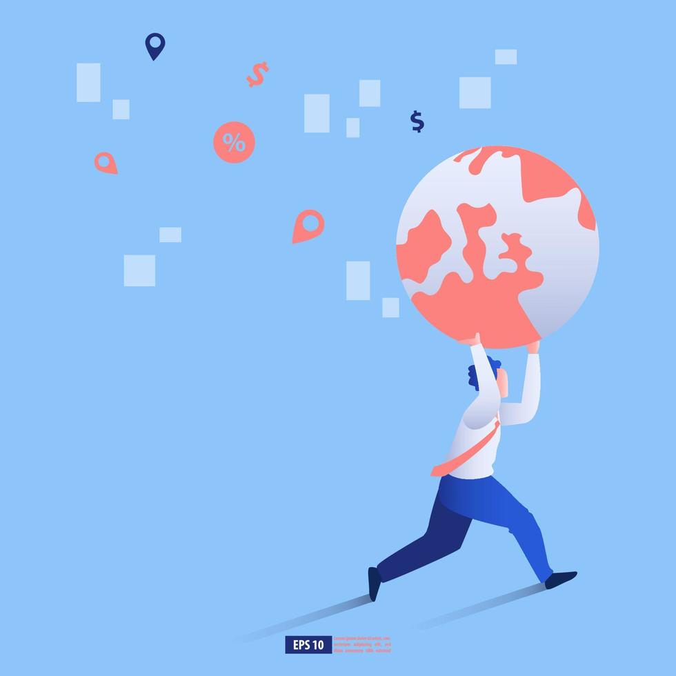 Business man running holding world globe concept. Business vector illustration