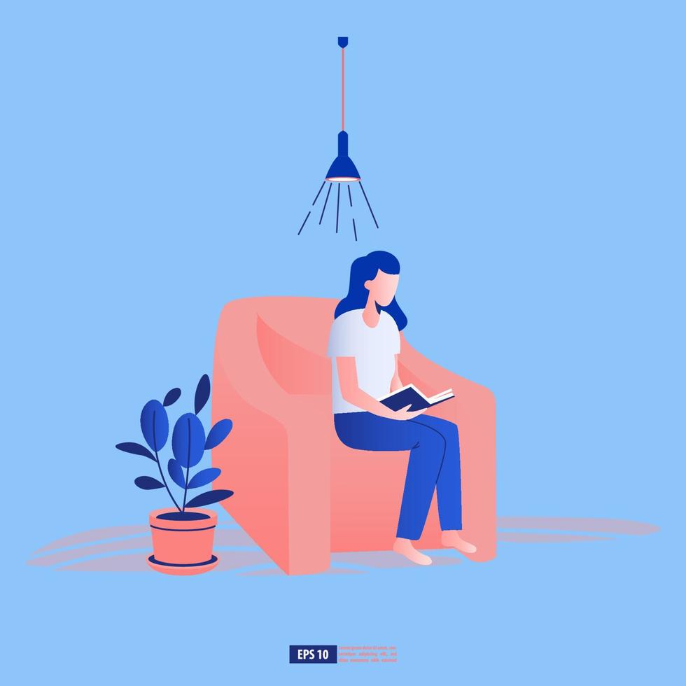 mujer leyendo un concepto de libro. mujer sentada en una silla de frijol. ilustración vectorial aislada vector