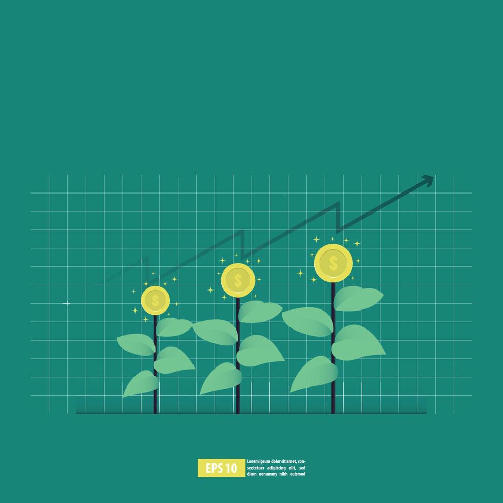 Return on investment concept, ROI chart and graph, Business, profit, and success. Growing money tree, Gold coins on branches. Symbol of wealth. Flat style vector illustration