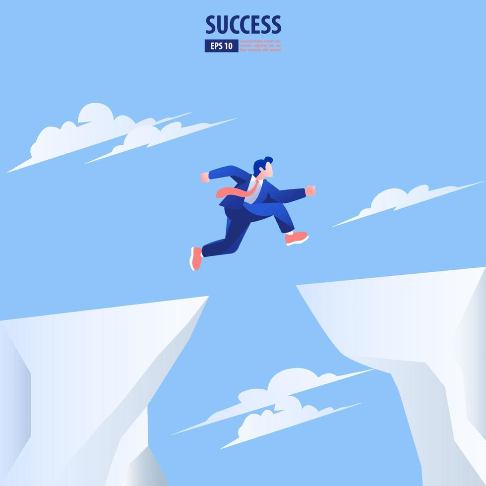 Businessman jump through the gap obstacles between hill to success. Business risk and success concept. Vector Illustration