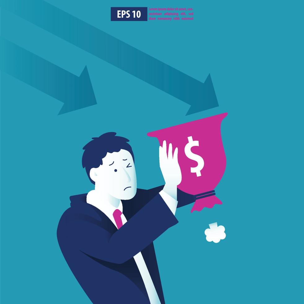 Bankruptcy vector illustration  concept. Businessman with broke company. global financial crisis with arrow decrease symbol. economy drop, lost,and bankrupt