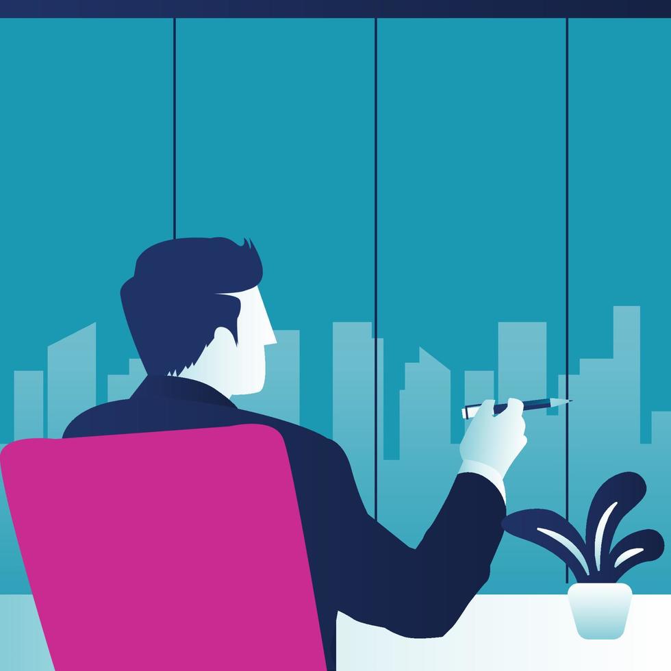 Businessman thinking and contemplating see a view of the city through a glass window. Business Vector Illustration
