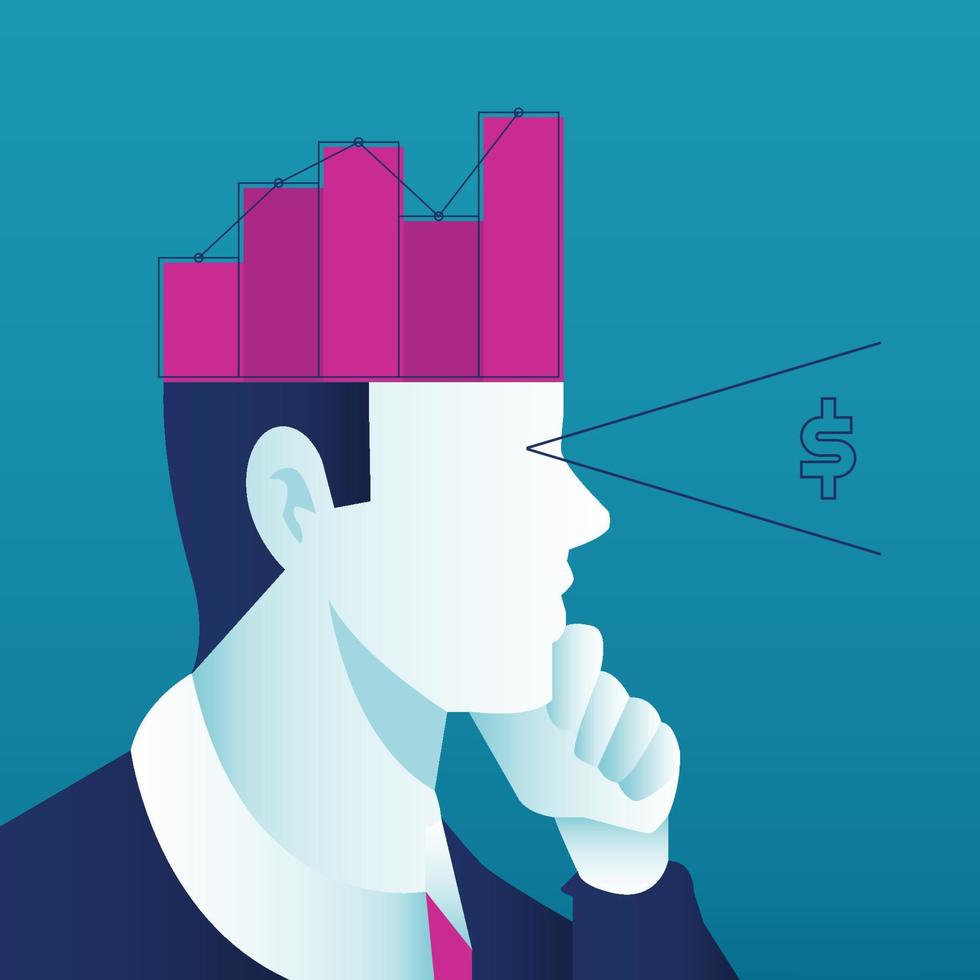 A man thinking about business concept. Open head with grow chart up increase profit sales and investment. Background vector illustration