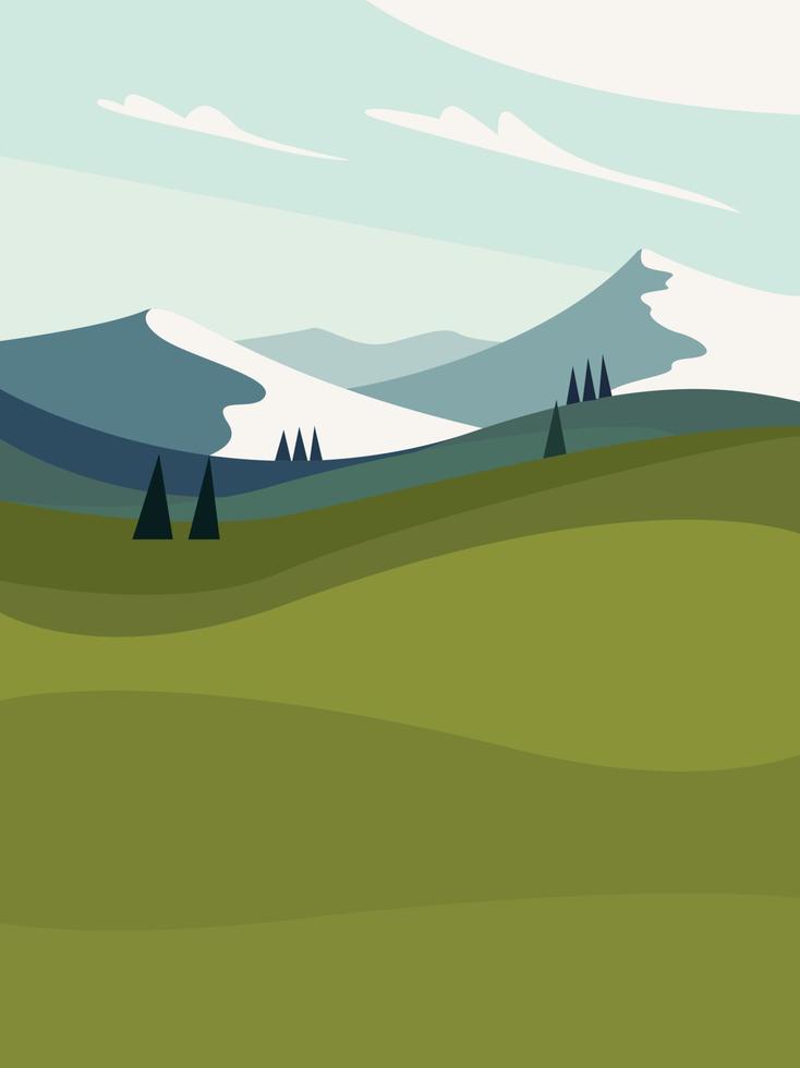 Beautiful modern view of nature landscape with forest, mountains,river,lake,waterfall,and pines. Banner, background scenery vector illustration
