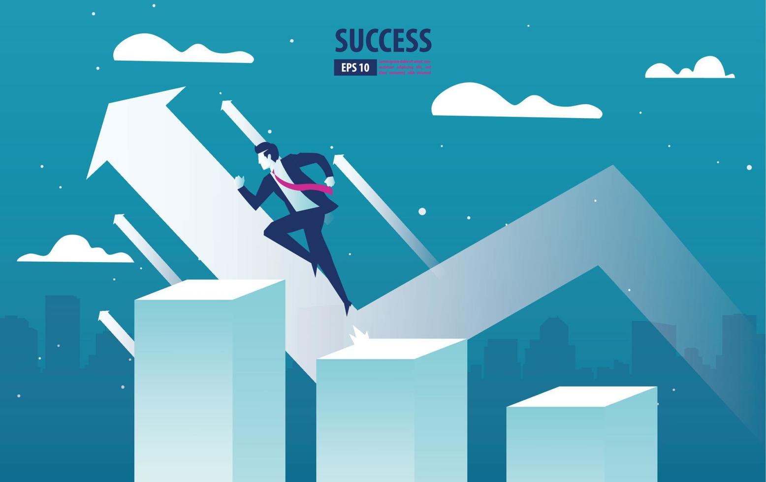 Business arrow concept with businessman on arrow jumping to success. grow chart up increase profit sales and investment. background vector