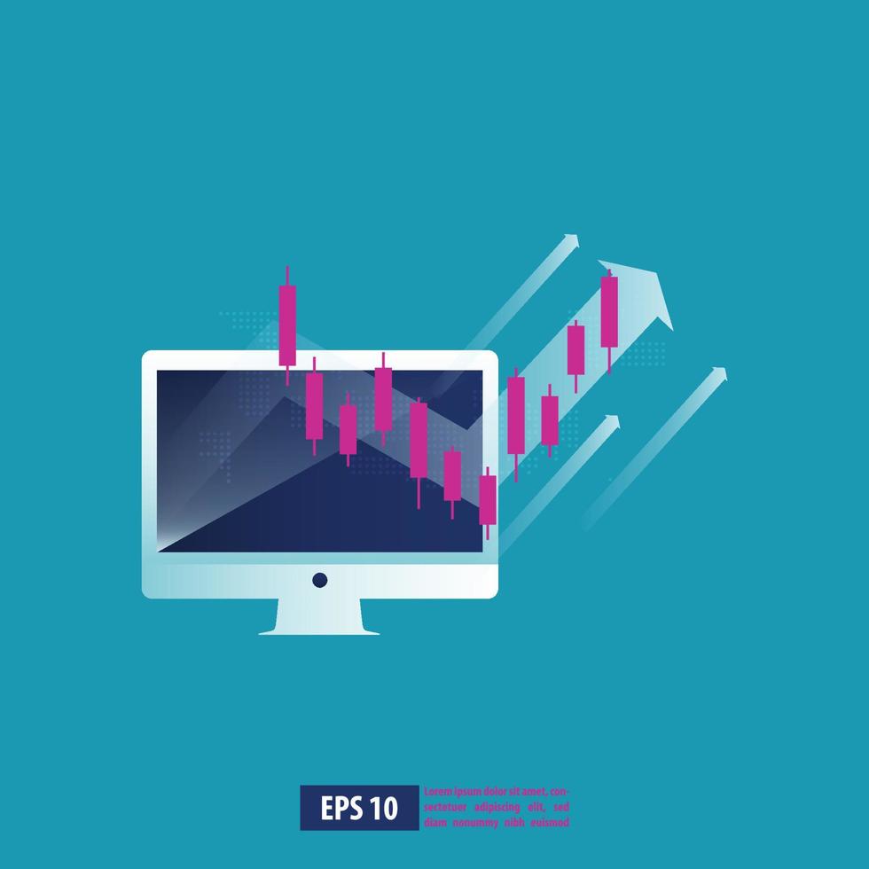 retorno de la inversión roi gráfico y gráfico en monitor de computadora. flechas de crecimiento empresarial hacia el éxito. ilustración de vector de fondo de negocio