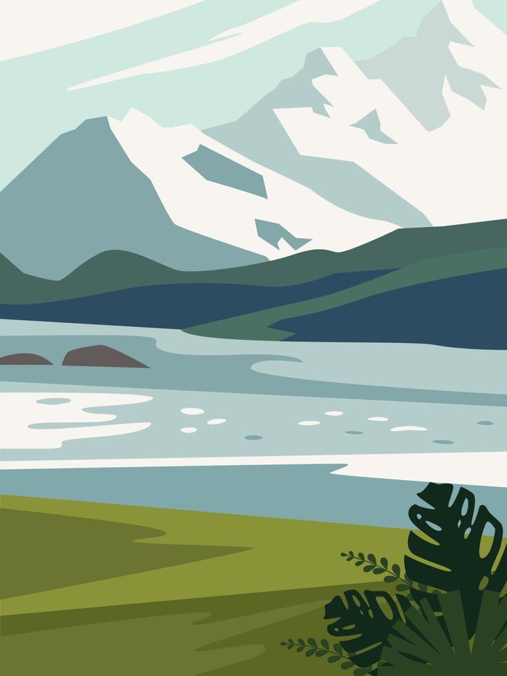 Beautiful modern view of nature landscape with forest, mountains,river,lake,waterfall,and pines. Banner, background scenery vector illustration